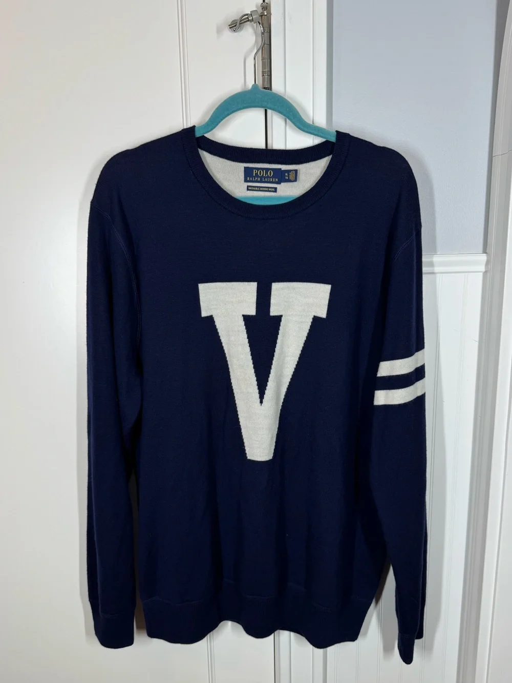 Polo Ralph Lauren Navy Crewneck Sweater with White 'V' 100% Wool Mens Size XL